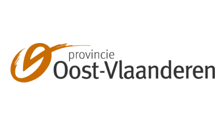 Logo van provincie Oost-Vlaanderen met oranje symbool en zwarte tekst op witte achtergrond.